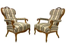 Pair of Victorian walnut drawing room armchairs