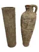 Shipwreck finish terracotta Amphora-shaped urn (H100cm); and matching cylindrical planter (H95cm)
