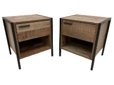 Pair of rustic pine finish and metal bedside stands