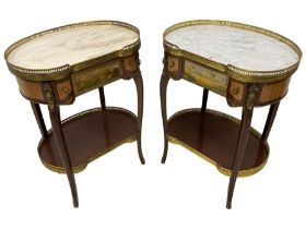 Pair of Louis XV design inlaid mahogany kidney shaped bedside table