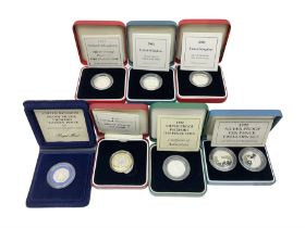 Seven The Royal Mint United Kingdom silver proof coins or sets