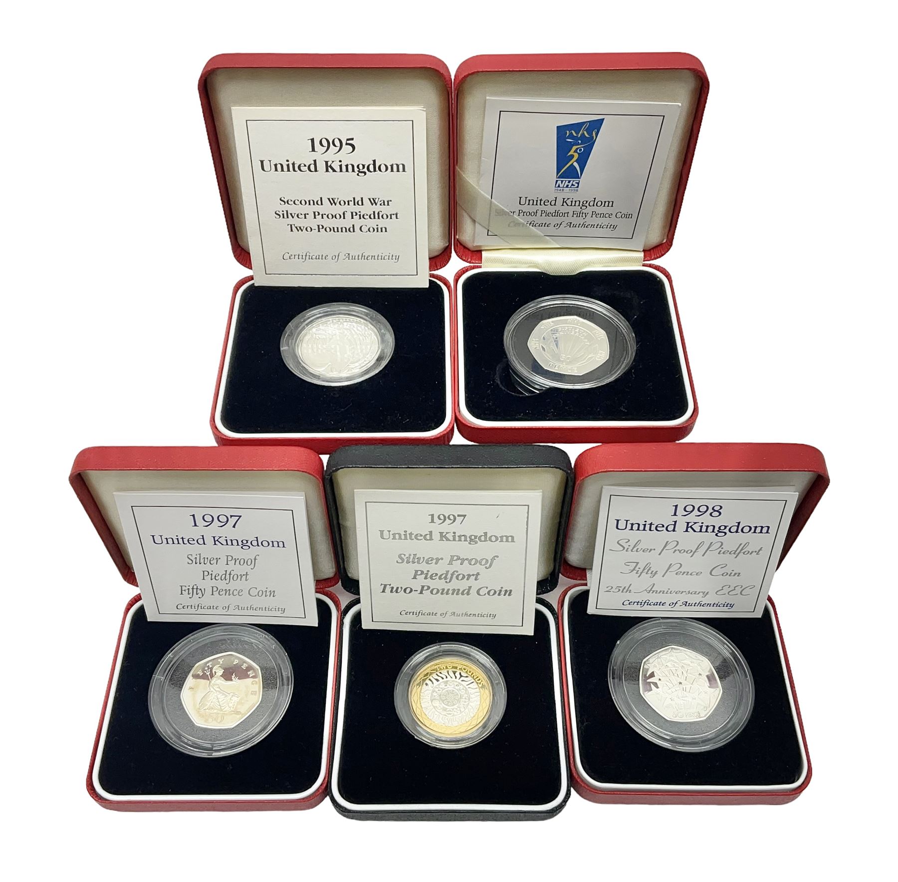 Five The Royal Mint United Kingdom silver proof piedfort coins
