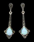 Pair of opal and marcasite silver pendant earrings