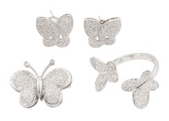 18ct white gold pave set diamond butterfly suite including ring