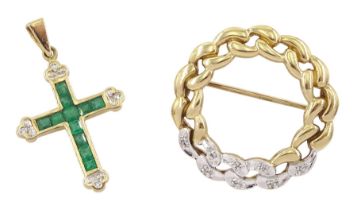 Gold diamond curb link hoop brooch and a gold emerald and diamond cross pendant