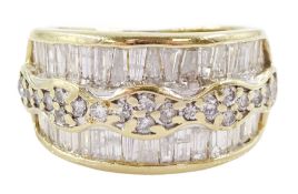 Gold baguette and round brilliant cut diamond ring