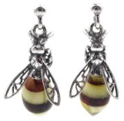 Pair of silver amber bee pendant stud earrings