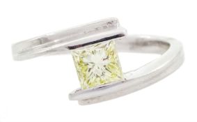 Platinum single stone princess cut fancy yellow diamond ring