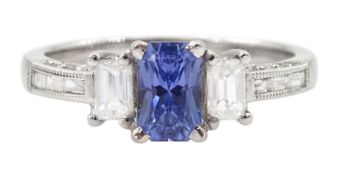 18ct white gold three stone radiant cut tanzanite and baguette cut diamond ring