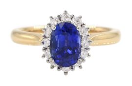 18ct rose gold oval cut sapphire and round brilliant cut diamond cluster ring