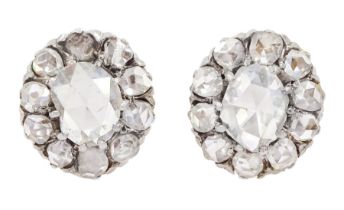 Pair of 18ct gold and silver rose cut diamond cluster stud earrings