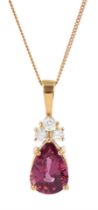 18ct rose gold pear cut pink sapphire and three stone round brilliant cut diamond pendant necklace