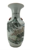 Early 20th century Chinese shouldered cylindrical vase decorated with a building in a rocky landscap