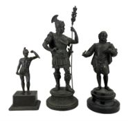 Three spelter figures comprising a 19th/ early 20th century figure of a Greek Warrior