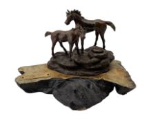 Dick Sloviaczek (American) Bronze study of two Horses on a rocky outcrop titled "Soon There'll Be Th