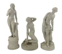 19th century Parian ware figure depicting a nude woman kneeling with a serpent wrapped around her a