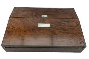Victorian rosewood table writing box with mother of pearl cartouche and escutcheon