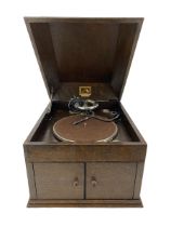 HMV wind up gramophone with No.4 sound box in oak case with various records