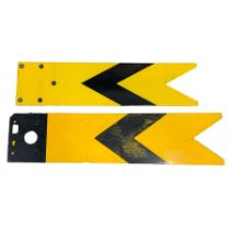 Two British Rail yellow and black enamelled metal railway signal arms
