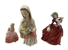 Katzhutte Thuringia porcelain figure of the Madonna and child H23cm and three Royal Doulton figures