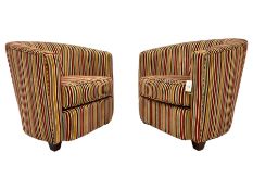 Pair of tub-shaped armchairs upholstered in striped fabric