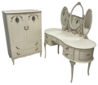 Cream and gilt kidney-shaped dressing table with triple mirror