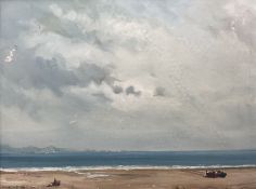José Luis Sanz Magallon (Spanish 1926-2000): Coastal Landscape with Boats and Figure