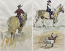 Ian Weatherhead (British 1932-): Traditional Spanish Doma Vaquera Riders on Palomino Horses