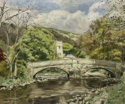 Thomas Leslie Kerkham (Yorkshire 1918-1986): River Landscape with Bridge and Church