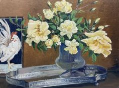 Harold Yates (British 1916-2000): Still Life of Roses in a Vase and Cockerel Painting