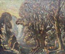 Tom Anderton (British 1894-1956): Sunset Woodland Scene with Figures and Chickens before Waterfall