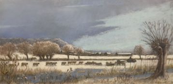 Northern British School (20th century): Sheep Grazing in a Snowy Winter Landscape