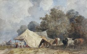 William Burgess of Dover (British 1805-1862): 'Horses Tethered at the Edge of a Country Fairground'
