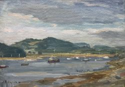 John R Dugmore (British fl.1946-1972): Sailing Boats in a Lake Landscape