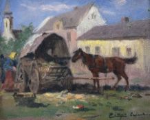 Celestin Pallya (Hungarian 1864-1948): Horse and Cart in a Mediterranean Village