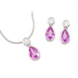 White gold pear shaped pink sapphire and round brilliant cut diamond pendant necklace