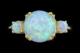 Silver-gilt three stone opal ring