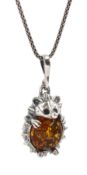 Silver Baltic amber hedgehog pendant necklace
