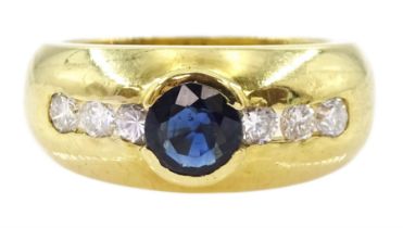 18ct gold bezel set seven stone sapphire and round brilliant cut diamond ring