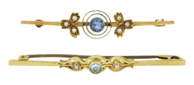 Two early 20th century 15ct gold aquamarine and seed pearl bar brooches