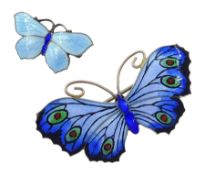 Two silver and guilloche enamel butterfly brooches