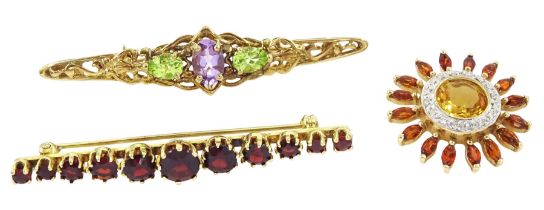 Gold amethyst and peridot brooch