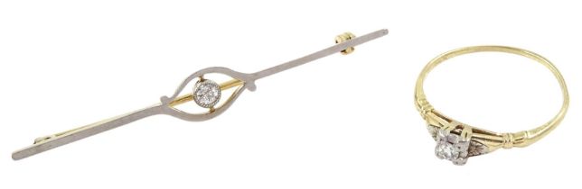 Early 20th century gold and palladium single stone old cut diamond bar brooch