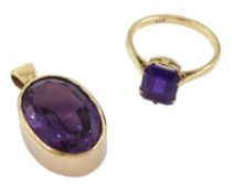 Gold single stone amethyst ring and a gold oval cut synthetic colour change sapphire pendant