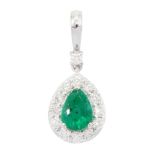 18ct white gold pear cut emerald and round brilliant cut diamond cluster pendant