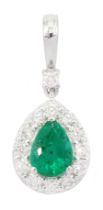 18ct white gold pear cut emerald and round brilliant cut diamond cluster pendant