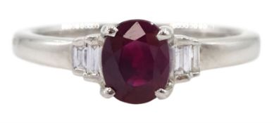 18ct white gold oval ruby and baguette cut diamond ring