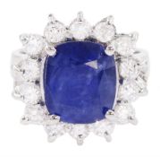 18ct white gold sapphire and round brilliant cut diamond cluster ring