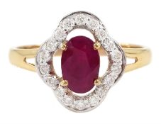 18ct rose gold oval cut ruby and round brilliant cut diamond cluster ring