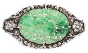 Early 20th century Chinese export silver and jade brooch